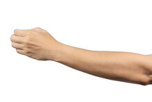 Man Hand Show Holding Something Like A Bottle Isolated On White Background. Clipping Path Included