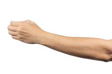 man hand show holding something like a bottle isolated on white background. clipping path included