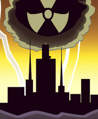 Sticker - Mushroom from the explosion of a nuclear bomb over the city. Nuclear war in the world. End of the world. Armageddon.