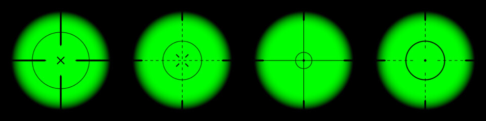 Various weapon night sights, sniper rifle optical scopes. Hunting gun viewfinder with crosshair. Aim, shooting mark symbol. Military target sign, silhouette. Game UI element. Vector illustration