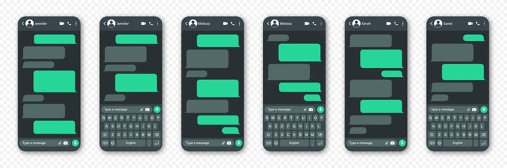Realistic smartphone with messaging app. Blank SMS text frame. Conversation chat screen with green message bubbles. Social media application. Dark mode. Vector illustration