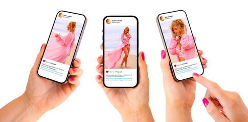 mockup of mobile phone in hand in different angles with sample social media app on the screen.