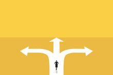 Business Woman Stand In Front Of A Crossroad With Road Split In Three Different Ways As Arrows. Business Decision Making, Career Path, Work Direction Or Choose The Right Way To Success Concept.