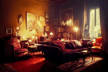 Victorian mansion living room interior with rugs and cozy ambience illustration