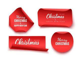 Wall Mural - red christmas labels and tags. realistic 3d ribbons isolated on white background. vector illustratio