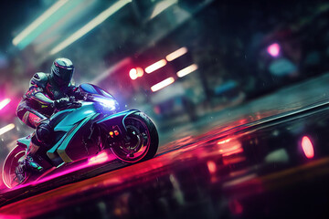 Wall Mural - Biker rushes highway of future city. 3d illustration	