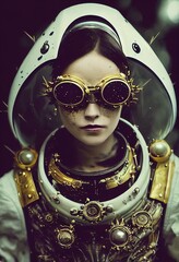 Wall Mural - A fictional person, not based on a real person. Abstract portrait of a fantasy steampunk man. High-tech futuristic man. Concept of virtual reality and steampunk. 3D rendering.