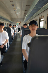 multiple clones of the same person in a train. Concept of clone.