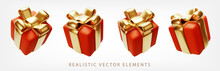 Set Of Gifts Box. Collection Realistic Vector Gift Presents. Christmas Golden And Red Gifts. 3d Realistic Icons.