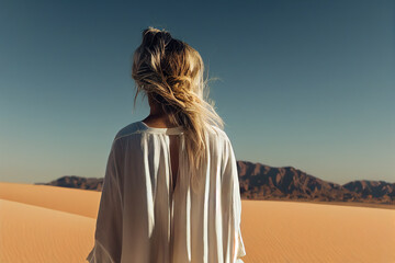 Wall Mural - A beautiful long-haired blonde looks at the desert, flowing white clothes. 3d illustration