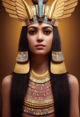 A fictional person, not based on a real person. A beautiful young Egyptian pharaoh with beautiful hair, a golden crown, wearing elegant clothes and jewelry. 3D render.