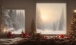 View from the room on a Winter holiday panoramic window. Holiday and relaxed atmosphere. Tranquill festive interior. 3D render.