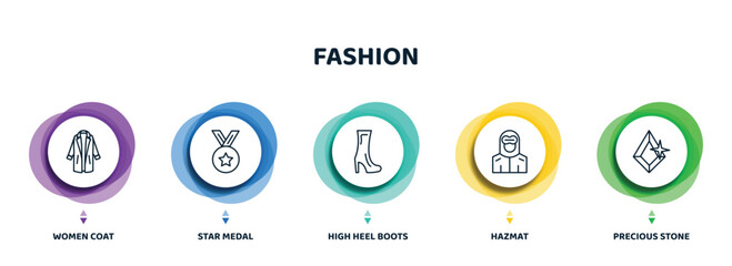 editable thin line icons with infographic template. infographic for fashion concept. included women coat, star medal, high heel boots, hazmat, precious stone icons.