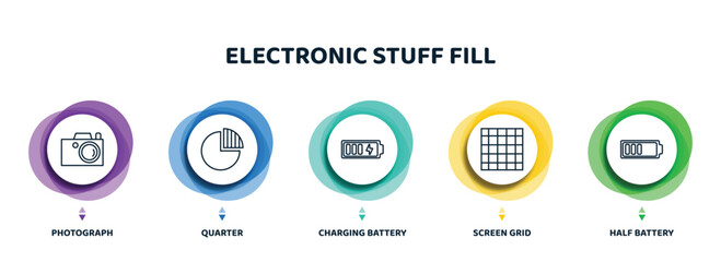 Poster - editable thin line icons with infographic template. infographic for electronic stuff fill concept. included photograph, quarter, charging battery, screen grid, half battery icons.