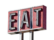 Vintage Weathered Neon Eat Sign Isolated.