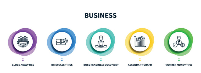 editable thin line icons with infographic template. infographic for business concept. included globe analytics, briefcase tings, boss reading a document, ascendant graph, worker money time icons.