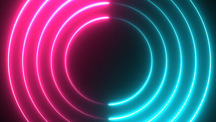 Poster - Neon light blue and pink color circle abstract background, 3D rendering