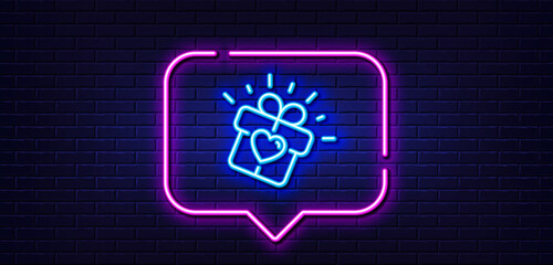 Wall Mural - Neon light speech bubble. Love gift line icon. Heart present box sign. Dating profile symbol. Neon light background. Love gift glow line. Brick wall banner. Vector