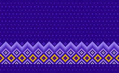 Wall Mural - Pixel ethnic pattern, Vector embroidery triangle background, Geometric vintage Navajo style, Purple and yellow pattern zigzag traditional, Design for textile, fabric, clothing, wrapping, blankets