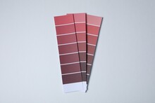 Color Paint Chips Of Red Shades On Light Background, Top View