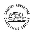 © jeksonjs - Mountain Camping christmas badge design with woods in line art style and quote camping adventure Christmas edition. Travel logo graphics. Stock vector label