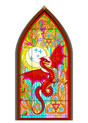 Wall Mural - Beautiful colorful medieval stained glass window. Gothic architectural style with pointed arch. Painting of ancient legendary red dragon. French churches architecture. Middle ages in Western Europe.