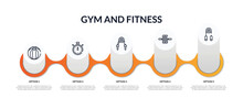 Set Of Gym And Fitness Outline Icons With Infographic Template. Thin Line Icons Such As Gymnastic Ball Thin Line, Training Watch Thin Line, Sport Expander Gymnastic Roller Grip Vector.