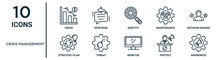 Crisis Management Outline Icon Set Includes Thin Line Crisis, Identify, Decision Making, Threat, Protest, Awareness, Strategic Plan Icons For Report, Presentation, Diagram, Web Design
