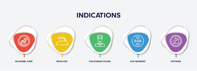 infographic element template with indications outline icons such as no bomb jump, iron low, policeman figure, sos warning, upstairs vector.