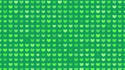 Wall Mural - heart-shaped neon lights blink and scroll from below on a green background.