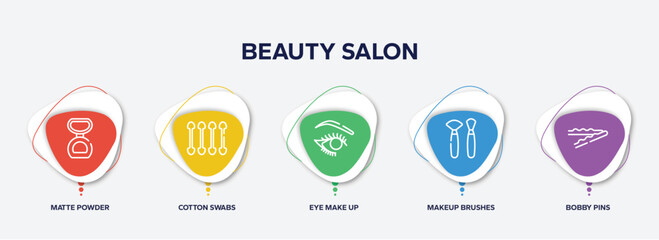 infographic element template with beauty salon outline icons such as matte powder, cotton swabs, eye make up, makeup brushes, bobby pins vector.