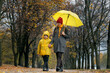 © somemeans - Mom and her child are walking in the park on rainy autumn day. Mom and son with big yellow umbrella.