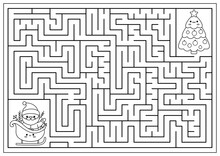 Christmas Black And White Maze For Kids. Winter Line Holiday Preschool Printable Activity With Cute Kawaii Santa Claus On Sleigh, Decorated Tree. New Year Labyrinth Game, Puzzle Or Coloring Page.