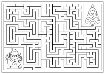 Wall Mural - Christmas black and white maze for kids. Winter line holiday preschool printable activity with cute kawaii Santa Claus on sleigh, decorated tree. New Year labyrinth game, puzzle or coloring page.