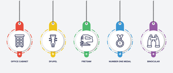 Poster - infographic element template with general outline icons such as office cabinet, dyupel, fretsaw, number one medal, binocular vector.