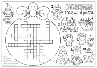 Wall Mural - Vector Christmas black and white ball shaped crossword puzzle for kids. Winter kawaii line holiday quiz for children. Educational activity or coloring page. Cute New Year English language cross word.