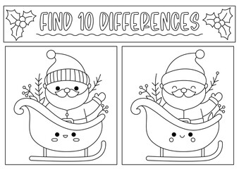 Sticker - Christmas black and white find differences game for children. Attention skills activity with cute Santa Claus on sledge. New Year line puzzle or coloring page for kids. What is different worksheet.