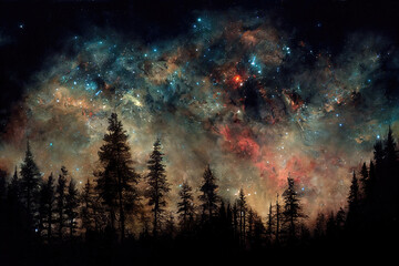 ai generated image of a celestial sky over a large forest. stars, galaxies, milky way
