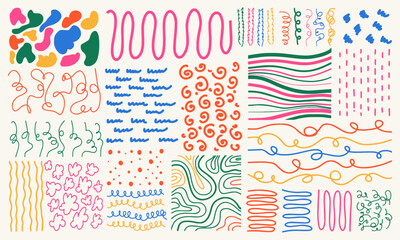 Wall Mural - Set of different abstract shapes and patterns. Hand drawn doodles. Modern fashion illustration. Flat design, cartoon drawing, vector.