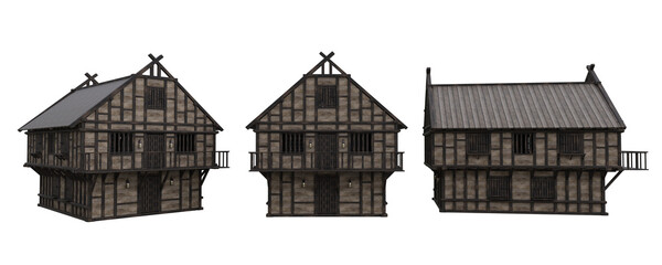 Poster - Medieval timber framed house shown from three different angles. 3D rendering isolated on a transparent background.