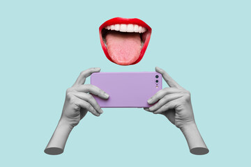 Wall Mural - Mobile phone with photo camera in female hands taking picture and woman's mouth with red lips showing tongue on blue background. 3d trendy collage in magazine style. Contemporary art. Modern design