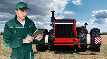 Autocollant - A farmer with digital tablet controls an autonomous tractor on a smart farm