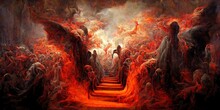 The Hell Inferno Metaphor, Souls Entering To Hell In Mesmerize Fluid Motion, With Hell Fire And Smoke