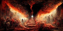 The Hell Inferno Metaphor, Souls Entering To Hell In Mesmerize Fluid Motion, With Hell Fire And Smoke