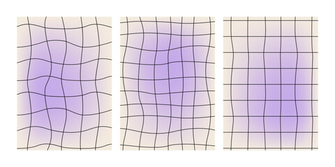 Set of abstact backgrounds with distorted wavy linear checkerboard. Vector posters in y2k aesthetic. Purple mesh gradient