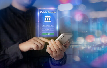 Mobile digital banking concept.double exposure of night city and Business man hands holding mobile phone