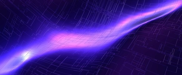 Neon beam of light on cyber surface background. Stream of purple glowing energy flows through futuristic techno schemes. Transfer and processing of grid data