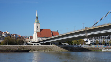 Wall Mural - View across the Danube River to St. Martin's Cathedral in the old part of Bratislava, Slovakia