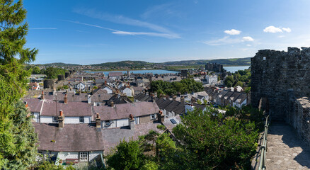 Sticker - view of the walled Welsh town of Conwy with the medieval castle and River Conwy behind