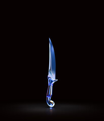 Violet glass knife, combat weapon blade, military and hunting dagger. Medieval weapon, 3d rendering